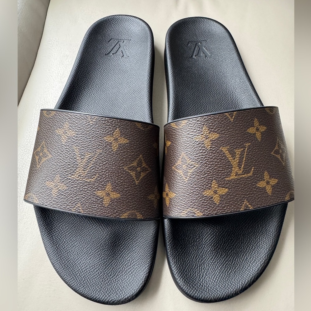 Louis Vuitton Brown and Black Monogram Slides